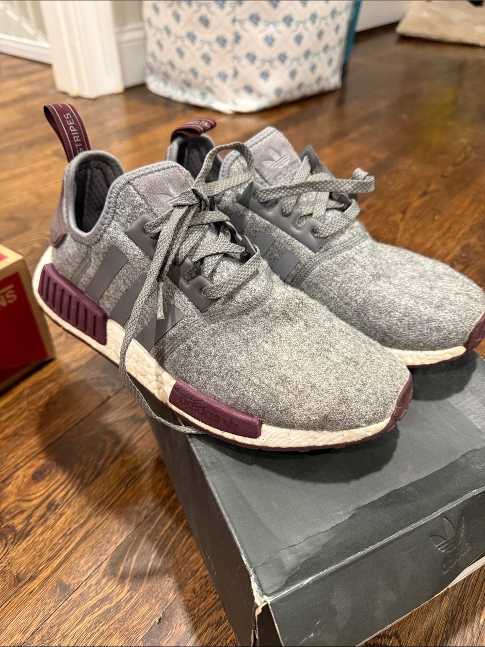 adidas Men's Grey Knit Sneakers with Burgundy NMD